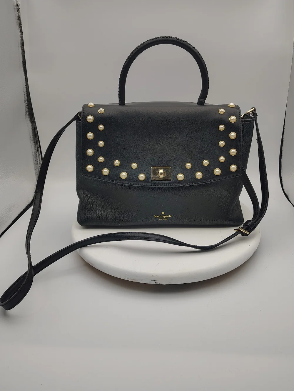 Kate Spade Pearl-Stud Embellished Leather Shoulder/Crossbody Bag In Black